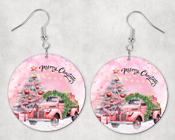 0555 - Pink Christmas Truck Round Earrings