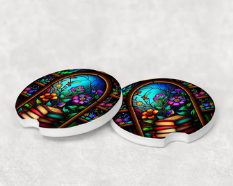 10058 - Stained Glass Library Ceramic Car Coaster