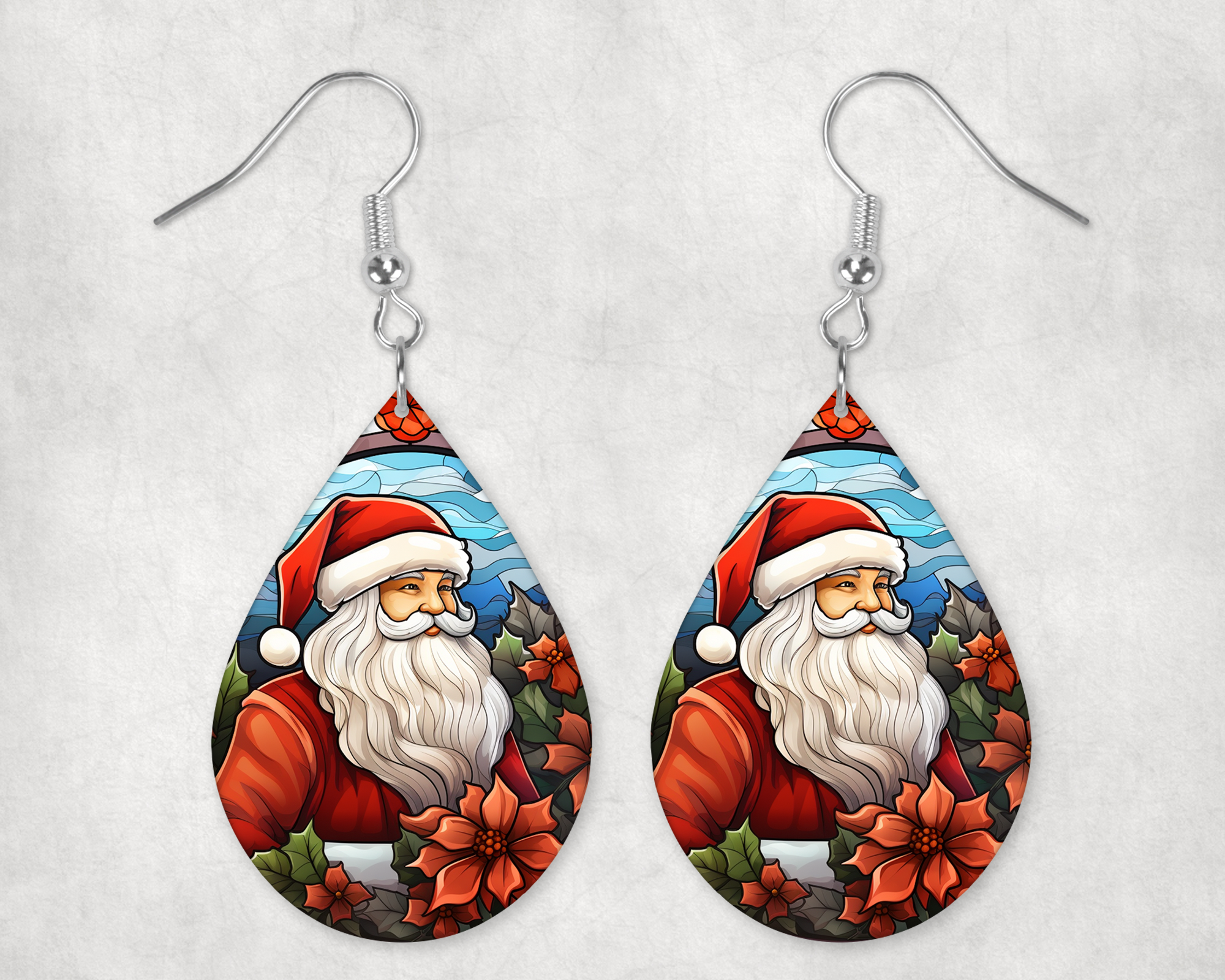 0520 - Stained Glass Santa Teardrop Earrings