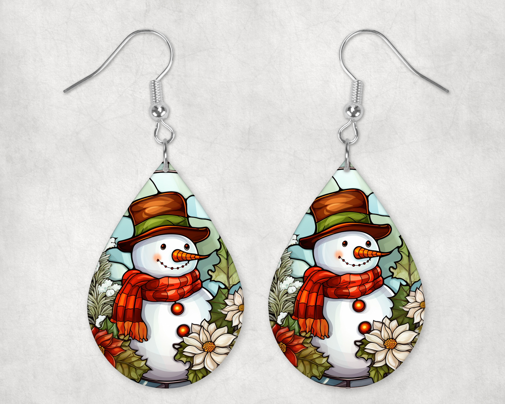 0521 - Stained Glass Snowman Teardrop Earrings