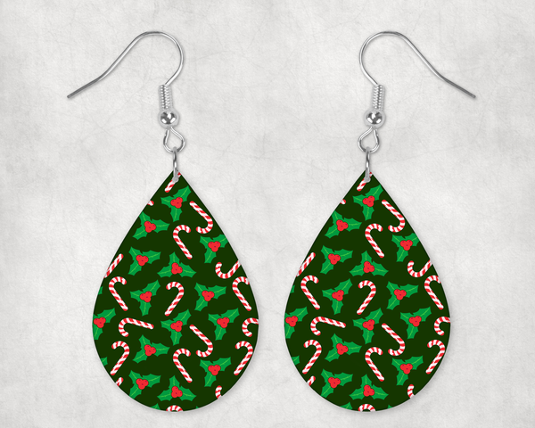 0588 - Holly and Candy Canes Teardrop/Round Earrings