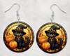0006 - Stained Glass Black Cat Round Earrings