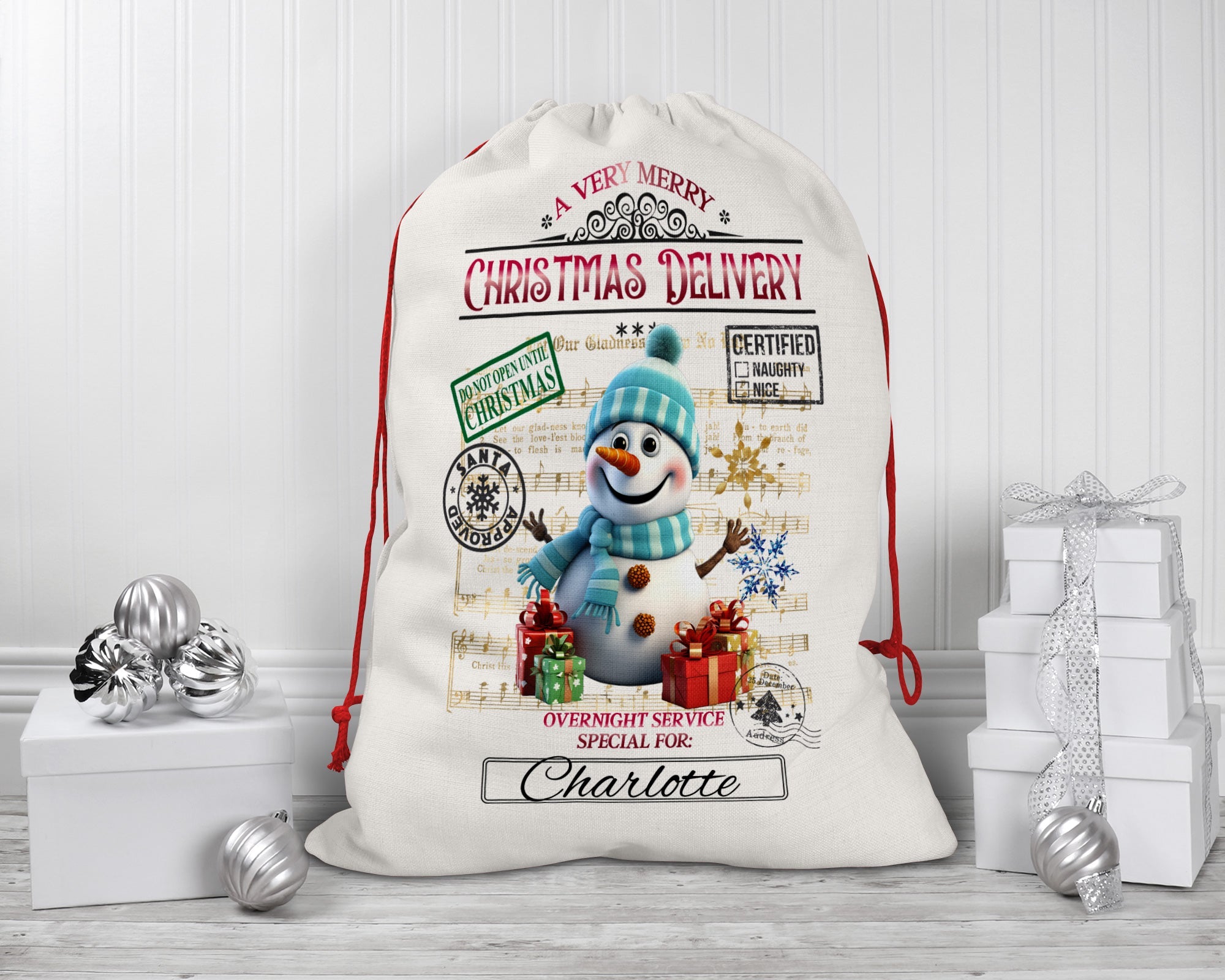 Personalized Santa Sack - Extra Large with Drawstring - Christmas Delivery Snowman