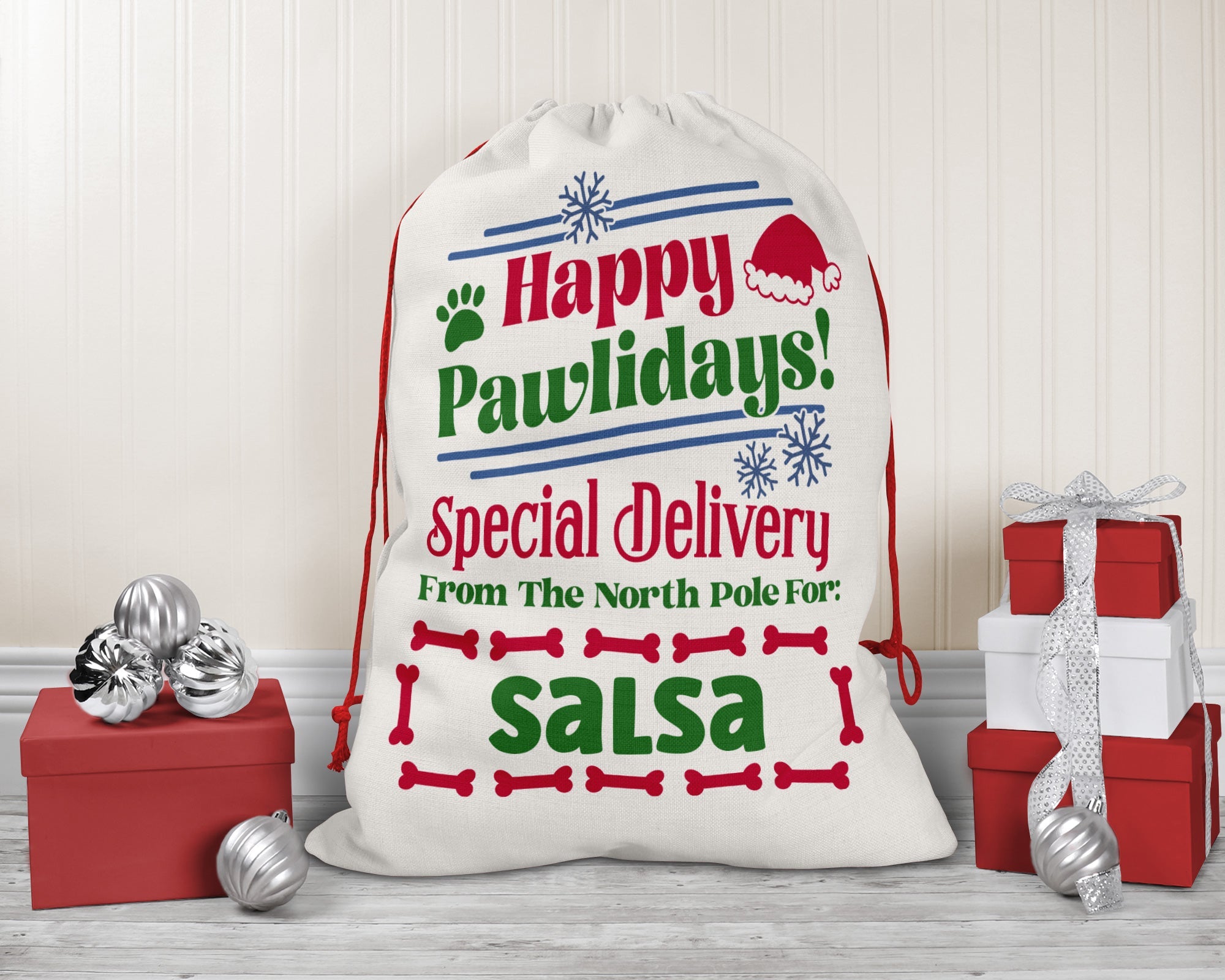 Personalized Santa Sack - Extra Large with Drawstring - Happy Pawlidays!