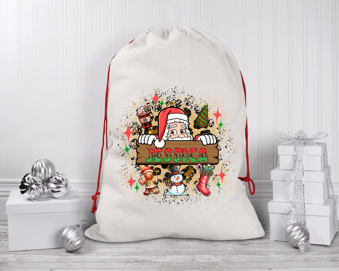 Personalized Santa Sack - Extra Large with Drawstring - Santa Peeking