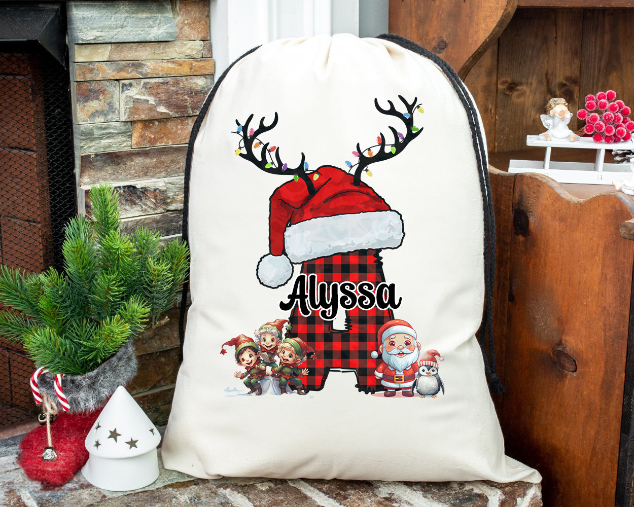 Personalized Santa Sack - Extra Large with Drawstring - Red Plaid