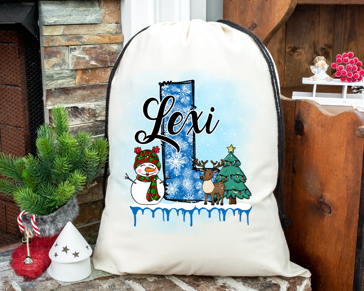 Personalized Santa Sack - Extra Large with Drawstring - Blue Snowflake